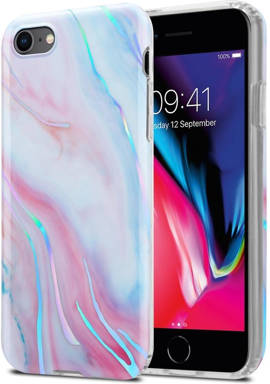 Cadorabo Hoesje geschikt voor Apple iPhone 7 / 7S / 8 / SE 2020 in Wit Roze Marmer No. 15 - Beschermhoes gemaakt van TPU siliconen Case Cover met mozaïek motief