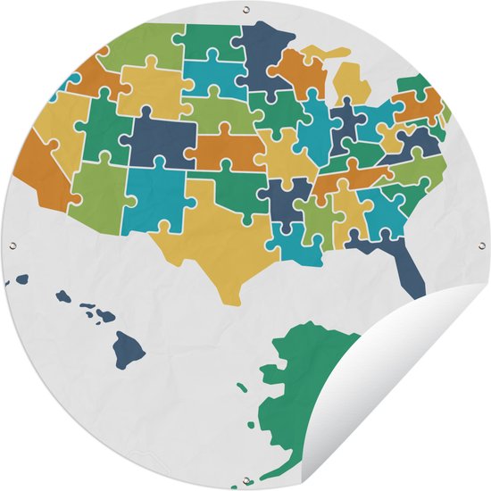 Tuincirkel Kleurrijke landkaart VS puzzelstukjes - Ronde Tuinposter - Buiten