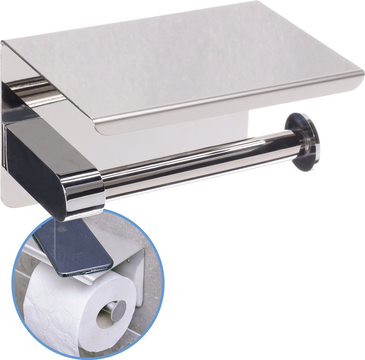 Sanics WC Rolhouder Zilver – Toiletrolhouder zonder Boren – Met Plankje - Zelfklevend - RVS