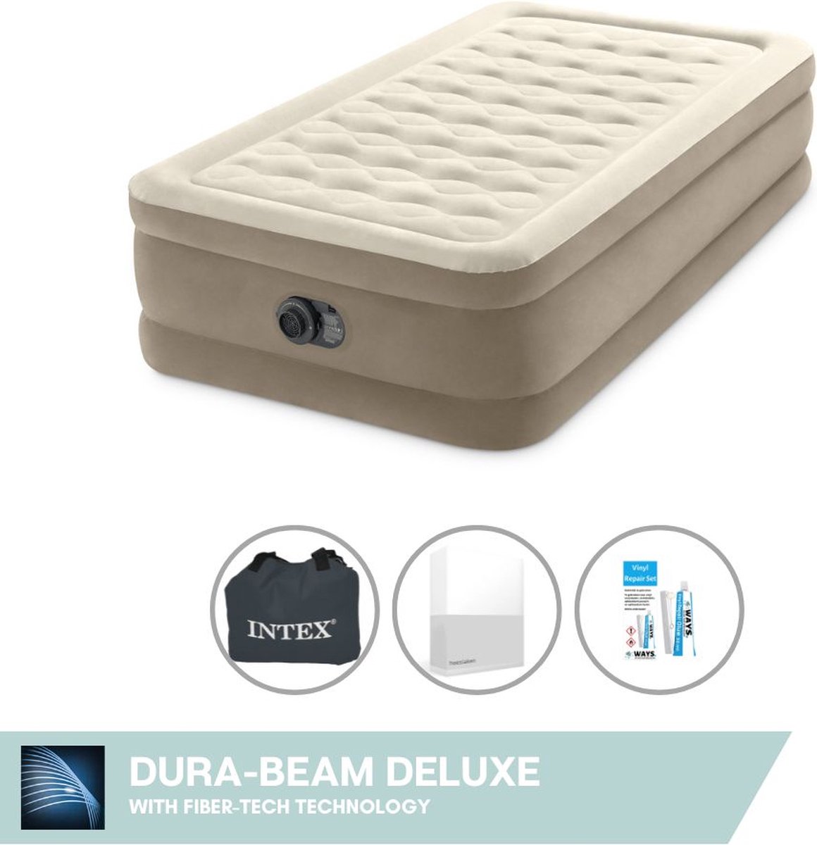Intex Luchtbedset- 1-Persoons - 99 x 191 x 46 cm - Beige - Met Ingebouwde pomp + Hoeslaken Wit + Reparatieset
