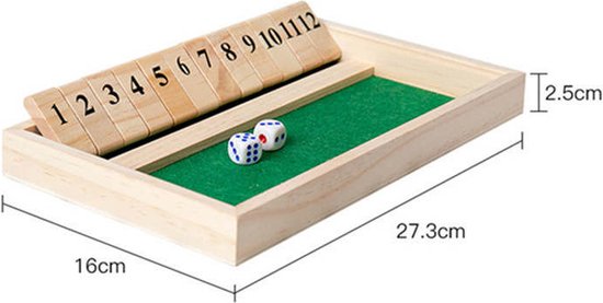 Thumbnail van een extra afbeelding van het spel Shut The Box - 1-12 - Hout - Inclusief dobbelstenen - Dobbelspel - Kansspel - Drankspel - Rekenspel