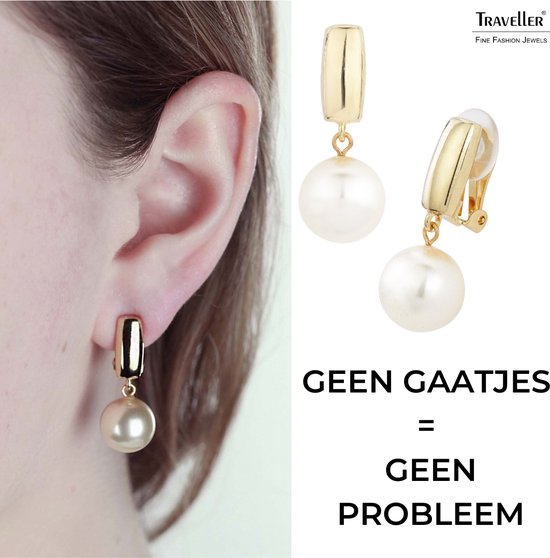 Model met oorclip met gouden hanger en parel. De oorclip is zichtbaar zonder gaatjes. Tekst: "Geen gaatjes = geen probleem."