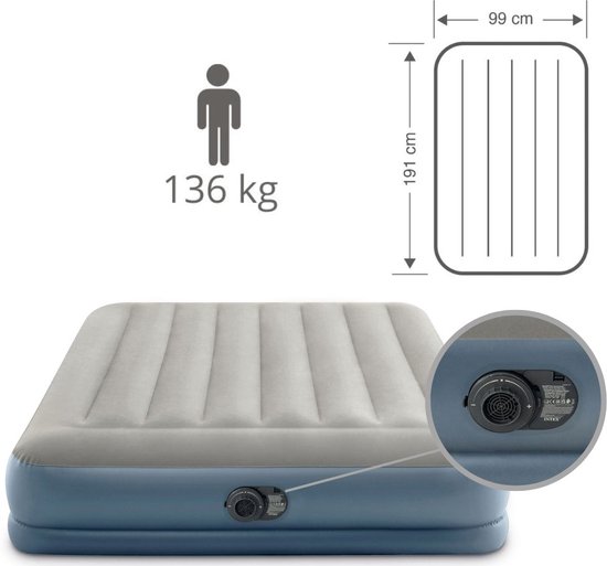 Intex Airbed Set - 2 Personnes - 152 x 203 x 30 cm - Grijs - Avec Pompe Intégrée + Hoeslaken Housse Anthracite + Oreiller + Taies d'oreiller Molton 2 en 1 + Kit de Réparation