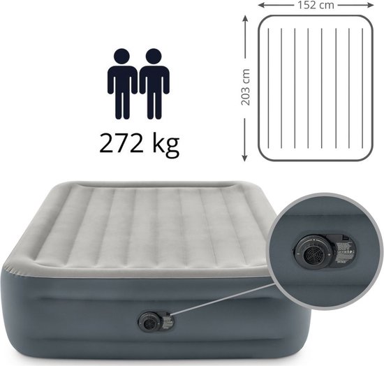 Intex Airbed Set - 2-Person - 152 x 203 x 46 cm - Grijs - Avec Pompe intégrée + Hoeslaken Anthracite + Kit de réparation
