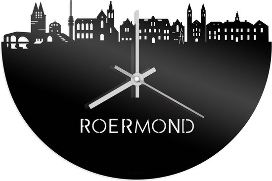 Skyline Klok Roermond Zwart Glanzend - Ø 40 cm - Stil uurwerk - Wanddecoratie - Meer steden beschikbaar - Woonkamer idee - Woondecoratie - City Art - Steden kunst - Cadeau voor hem - Cadeau voor haar - Jubileum - Trouwerij - Housewarming -