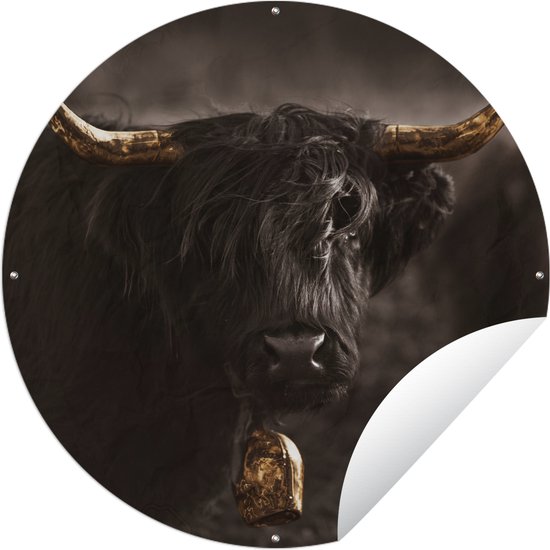 Tuincirkel Schotse hooglander - Goud - Koeienbel - 60x60 cm - Ronde Tuinposter - Buiten
