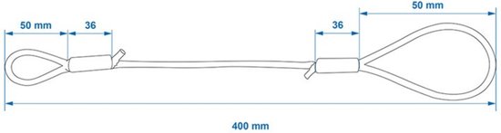 Zilverkleurige staalkabel met lussen, met afmetingen: 400mm lengte, 50mm luslengte, 36mm klem.
