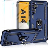 Samsung A14 Case Anti-Shock Hybrid Armor case Blauw - Samsung Galaxy A14 5G kickstand Ring holder TPU back cover case - with screen protector Galaxy A14 - 2 pack