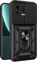Hoesje met Camera Slider Geschikt voor de Xiaomi 13 - Back Cover met Standaard - Uitklapbare Kickstand Ring - Beschermhoes TPU - Magneet voor Auto Houder Zwart