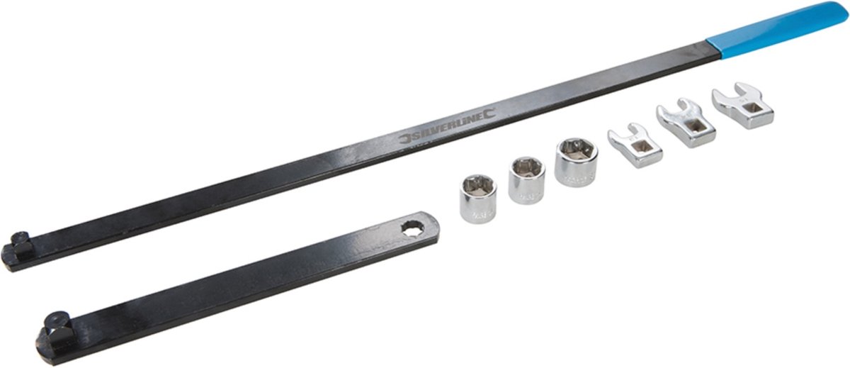 Silverline Set V-snaarsleutels - 8-delig - Lang handvat - Inclusief doppen en kraaienpoten