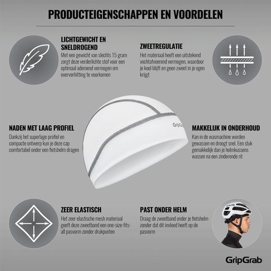 GripGrab - UPF 50+ Lightweight Zomer Fiets Helmmuts UV Bescherming Fietsmuts Skull Cap - Wit - Unisex - Maat One Size van Merkloos — afbeelding 2