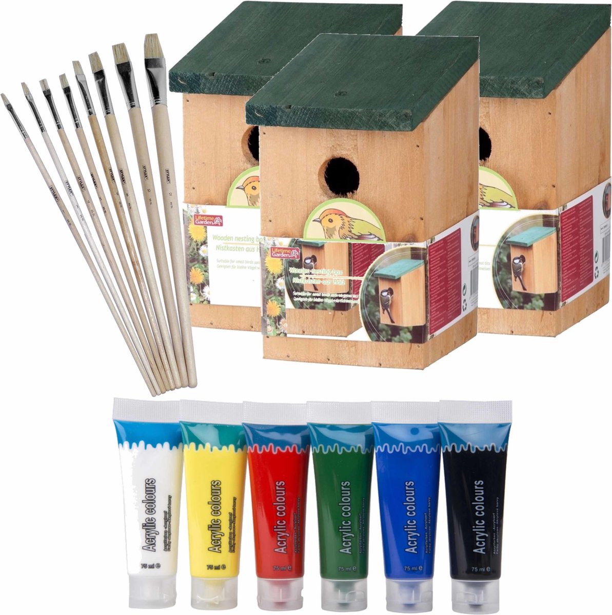 3x stuks vogelhuisjes/nestkastjes 22 cm - Zelf schilderen pakket - verf/kwasten - Kinder feestje/verjaardag activiteiten