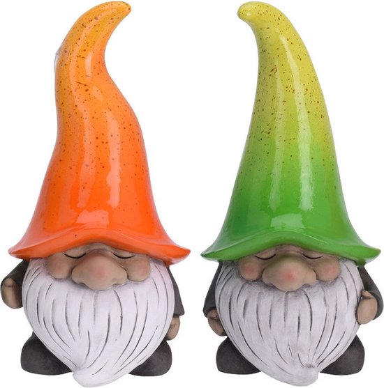 Tuinkabouters - 2x - polystone - 23 cm - gnooms met oranje en groene muts - Tuinbeelden - Tuindecoratie kabouters