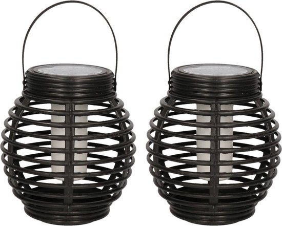 Set van 10x stuks zwarte ronde solar lantaarn met vlam effect 15 cm - Tuinverlichting - Tuinlampen - Solarlampen op zonne-energie