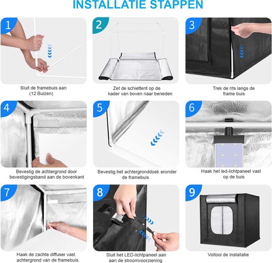 Fotobox für Produktfotografie, 60x60 cm Fotostudio Set, PULUZ Große Photobox Tragbares Faltbar Lichtzelt 5500K LED Weißes Licht Dimmbar mit 6 Hintergrund
