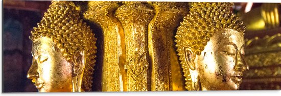 Dibond - Pilaar met Gouden Boeddha's en Details - 90x30 cm Foto op Aluminium (Met Ophangsysteem)