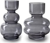Jodeco bloemenvazen - set 2x - smoke grijs/transparant glas - H20xD15 cm - H25cm x D14cm