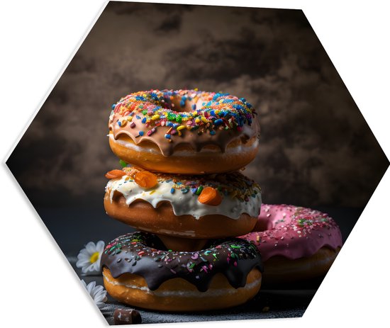 PVC Schuimplaat Hexagon - Opgestapelde Donuts in Verschillende Smaken - 60x52.2 cm Foto op Hexagon (Met Ophangsysteem)
