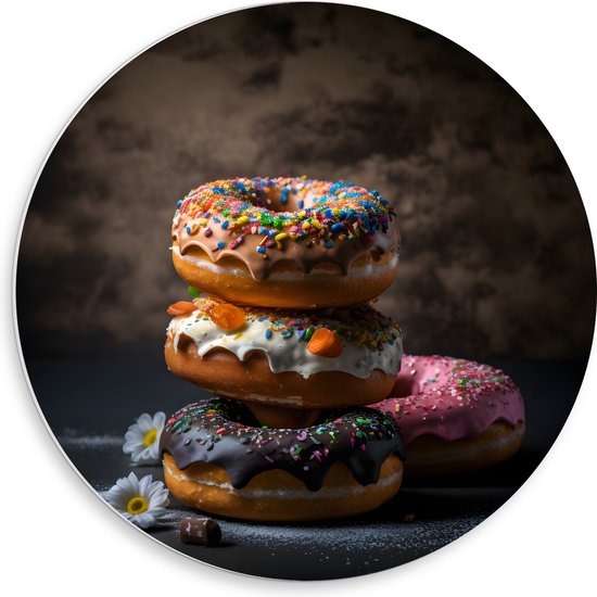 PVC Schuimplaat Muurcirkel - Opgestapelde Donuts in Verschillende Smaken - 50x50 cm Foto op Muurcirkel (met ophangsysteem)