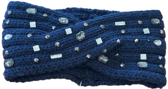 Hoofdband Winter - Gebreide Dames winter haarband - Oorwarmers - Donkerblauw met decoratieve stenen