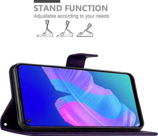 Cadorabo Hoesje geschikt voor Huawei P40 LITE E in BLOEMEN DONKER PAARS - Beschermhoes in bloemmotief met magnetische sluiting, standfunctie en kaartsleuven Book Case Cover Etui