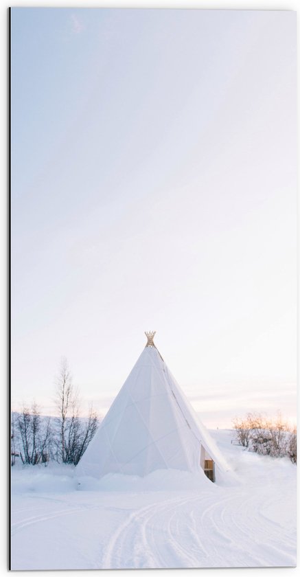 Dibond - Tent in de Sneeuw - 50x100 cm Foto op Aluminium (Wanddecoratie van metaal)