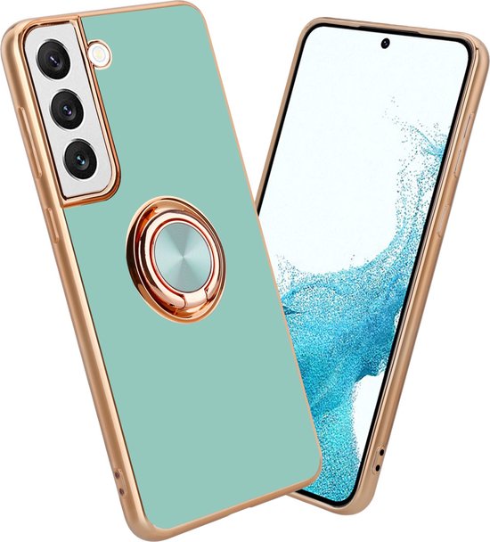Coque Cadorabo pour Samsung Galaxy S21 5G en Turquoise Brillant - Or avec anneau - Coque de protection en silicone TPU souple, avec protection pour appareil photo et support de voiture magnétique