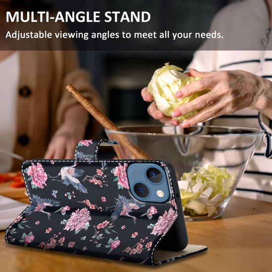 Coque Cadorabo pour Apple iPhone 14 - Design Crane & Fleurs No 9 - Pochette de protection avec fermeture magnétique, fonction stand et poche pour cartes