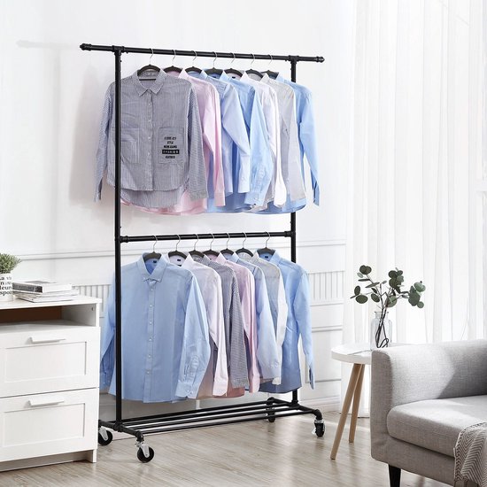 Portant à vêtements au design industriel - chargeable jusqu'à 110 kg - Portemanteau sur roulettes - Zwart