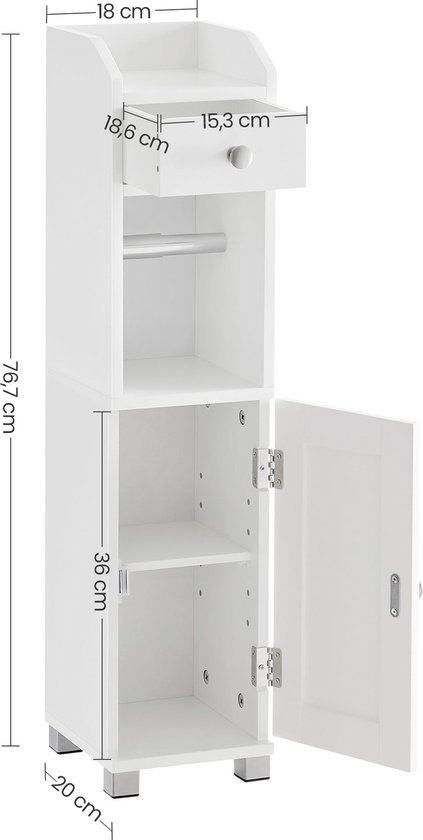 HOMCOM Badkamermeubel, smalle badkamerzuil met 2 deuren en 4 verstelbare planken, opbergkast voor woonkamer, toilet, kleine ruimtes, 40 x 35 x 180 cm, wit