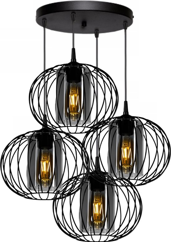 Hanglamp – Plafondlamp Industrieel Met 4 Draad/Glas-kappen Zwart Smoke