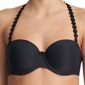 Zwarte strapless bh met decoratieve, ronde bandjes en een strikje aan de voorkant.