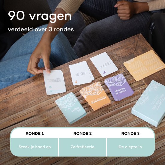 Een close-up van speelkaarten met vragen, verdeeld over 3 rondes.