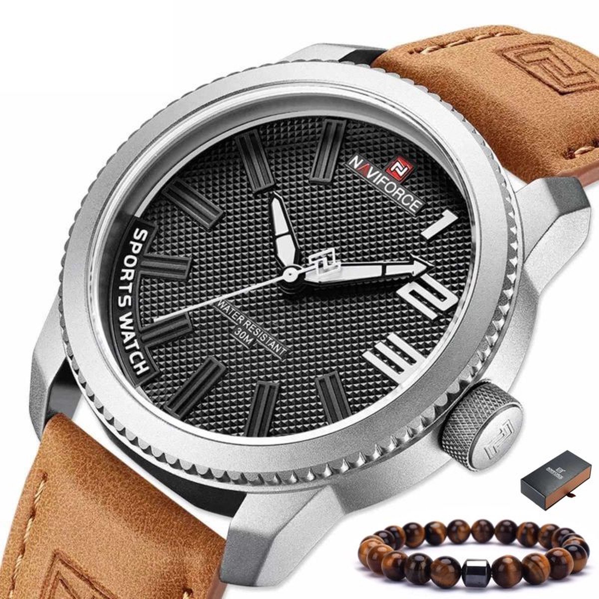 Naviforce Horloge Heren Horloges voor Mannen Watch Herenhorloge - Incl. Armband & Horlogebox Geschenkdoos - Bruin Zilver