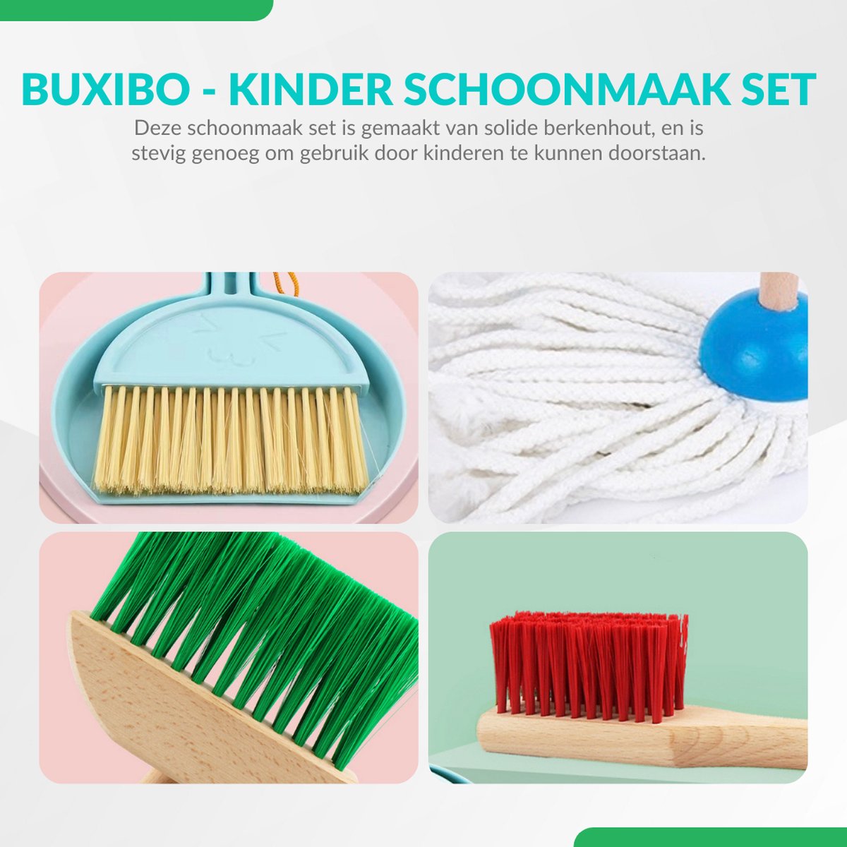 Buxibo Kinder Schoonmaak Set - Houten Huishoudelijke Gereedschap - Mini Bezem, Stoffer, Mop - Montessori Speelgoed - Multicolor — afbeelding 7