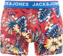 Rode Jack & Jones boxershort met tropische bloemenprint en blauwe tailleband.