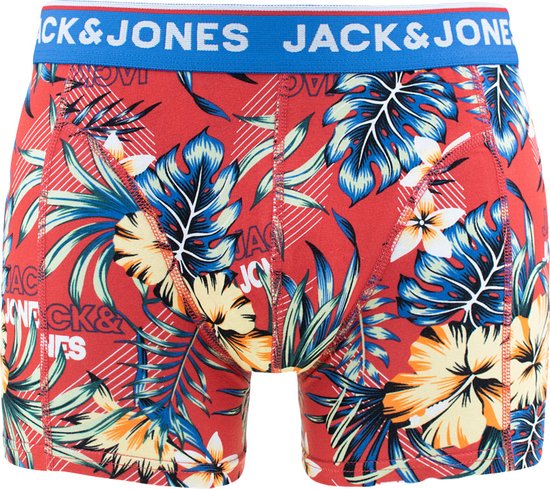 Rode Jack & Jones boxershort met tropische bloemenprint en blauwe tailleband.