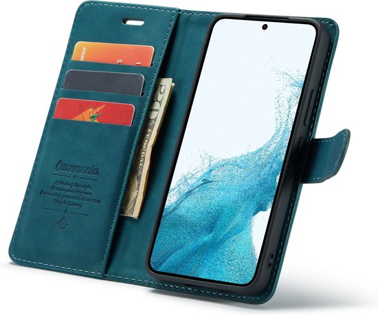 Open turquoise Casemania telefoonhoesje, met telefoon, pasjes en dollarsbiljet.