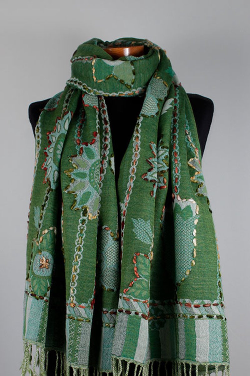 Wollen geborduurde sjaal en omslagdoek Groen Bloem