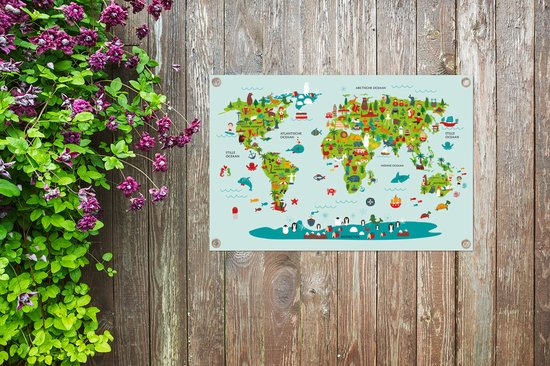 Tuinposter 60x40 cm - Tuindecoratie Wereldkaart Kinderen - Kleuren - Groen - Poster voor in de tuin - Buiten decoratie - Schutting tuinschilderij - Tuindoek muurdecoratie - Wanddecoratie balkondoek