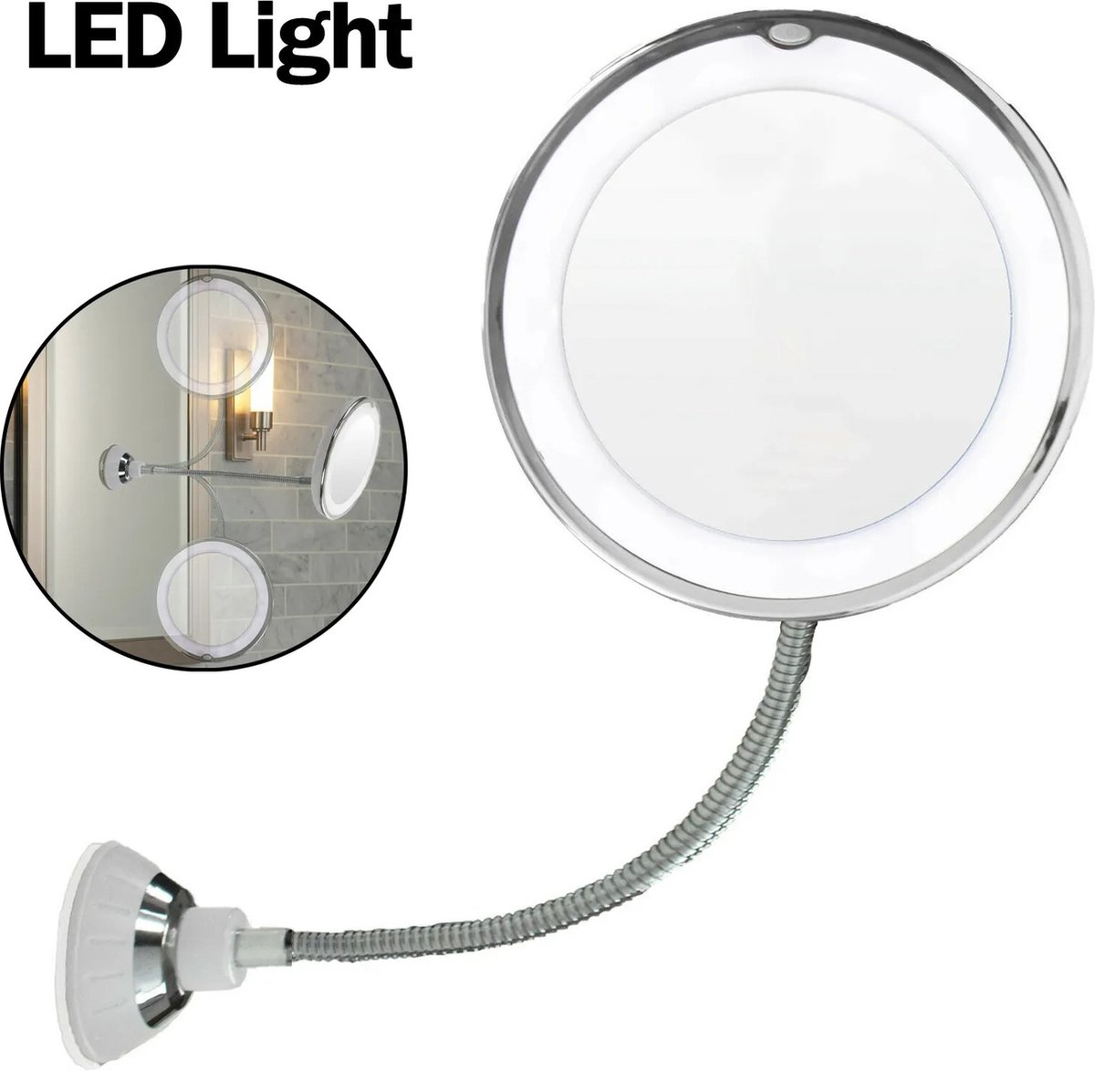Goedkoopste TechU™ Make-upspiegel met Ingebouwd Licht – Met Zuignap en Flexibel Standaard – Werkt op Batterijen – 360 graden Rotatie – 35.5 17.7 cm – Zilver