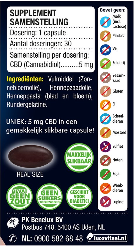 Achterkant verpakking met supplement samenstelling, ingrediënten en allergenen. 5 mg CBD in makkelijk slikkbare capsule.