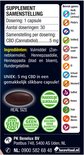 Achterkant verpakking met supplement samenstelling, ingrediënten en allergenen. 5 mg CBD in makkelijk slikkbare capsule.