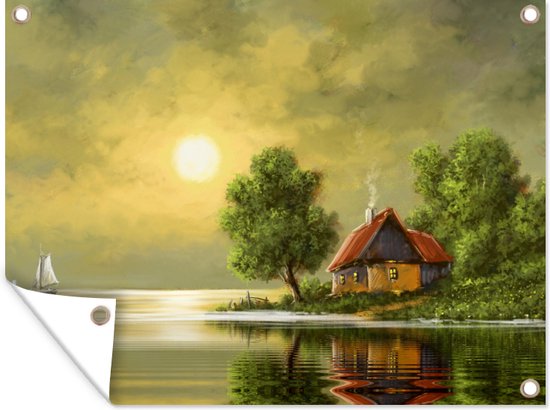 Tuin decoratie Schilderij - Olieverf - Huis - Natuur - Water - 40x30 cm - Tuindoek - Buitenposter