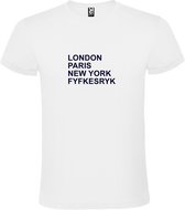 wit T-Shirt met London,Paris, New York ,Fyfkesryk tekst Zwart Size XXXXXL