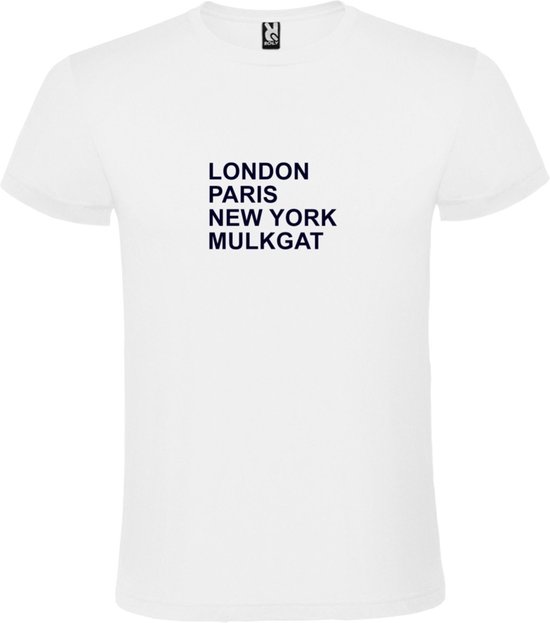 wit T-Shirt met London,Paris, New York ,Mulkgat tekst Zwart Size M
