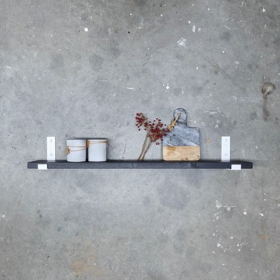 GoudmetHout Massief Eiken Wandplank - 140x15 cm - Zwart eiken - Industriële plankdragers L-vorm UP mat wit - Staal - Zwarte wandplank