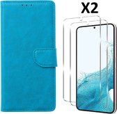 Hoesje Geschikt Voor Samsung Galaxy S23 Hoesje met Pasjeshouder - bookcase – Met 2x Screenprotector / gehard glas – Blauw