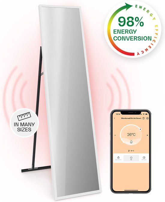Een rechtopstaande spiegel met verwarmingsfunctie, afgebeeld met rode warmtegolven, energiesticker en smartphone app-bediening.