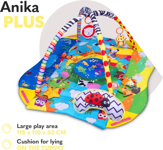 Lionelo Anika Plus 2-in-1 Babygym & Speelkleed – Met Verhoogde Randen (Boxfunctie) – Inclusief Tummy Time Kussen, Interactief Boekje & 5 Speeltjes – 115x110 cm
